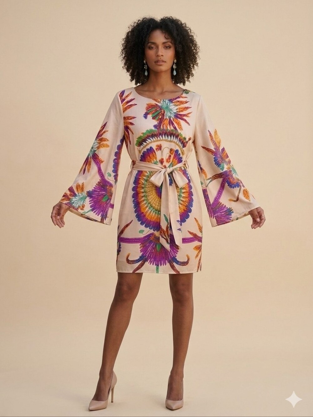 Ark & Co. beautiful feather pattern dress, silky, oversized bell sleeves S